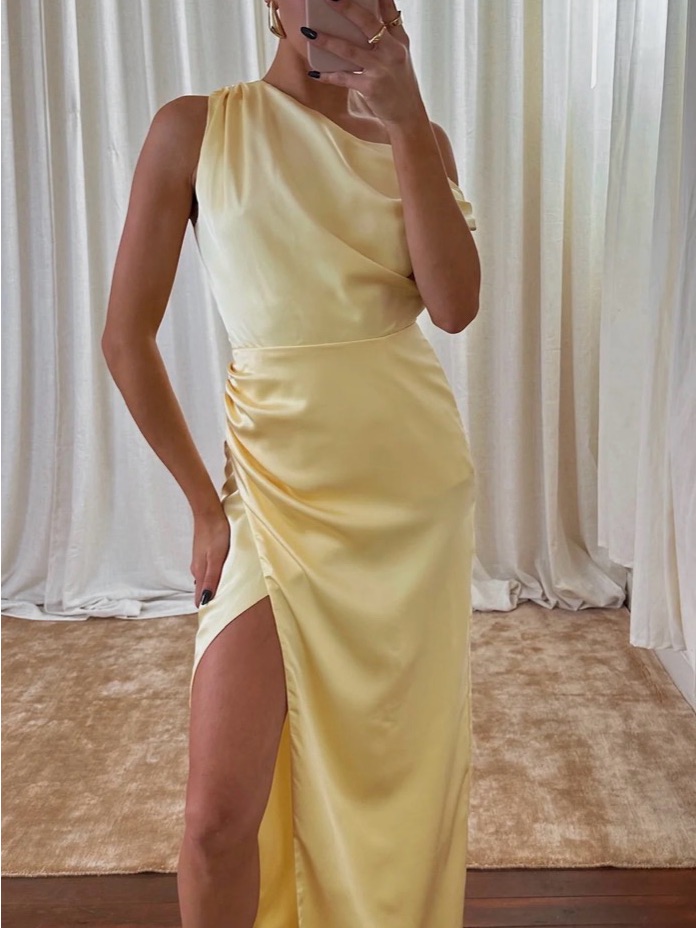 Show Me Your Mumu One-Shoulder Satin Gown In Lemon